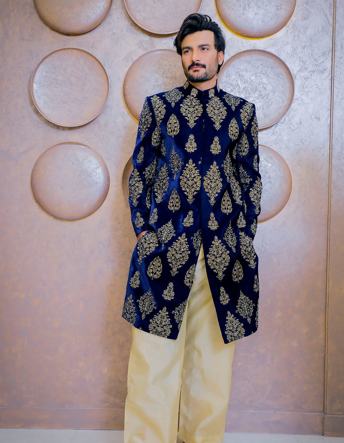 Velvet Sherwani with Intricated Motif Work