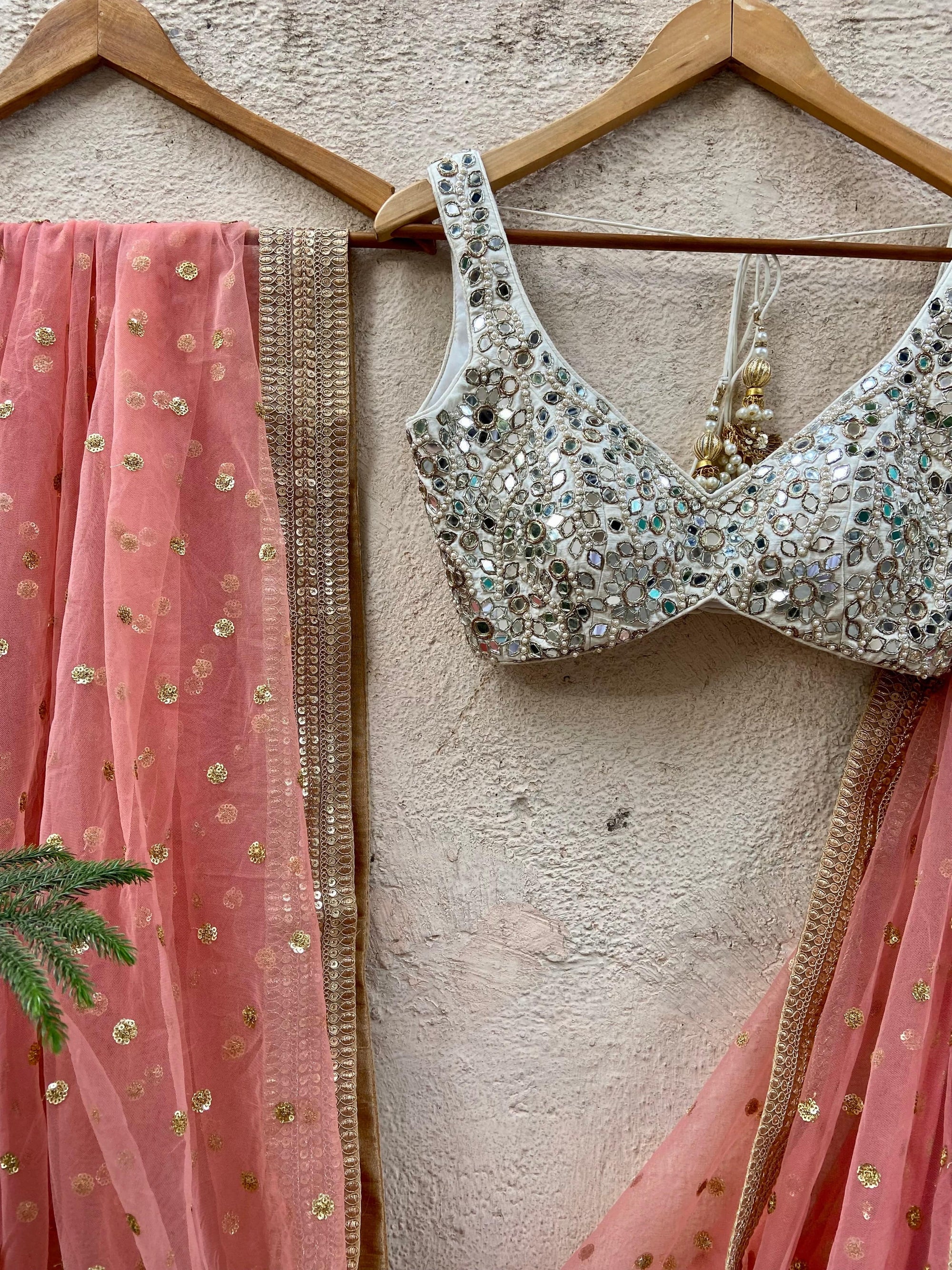 Coral and Ivory Mirror work Lehenga Set - peach lehenga Australia