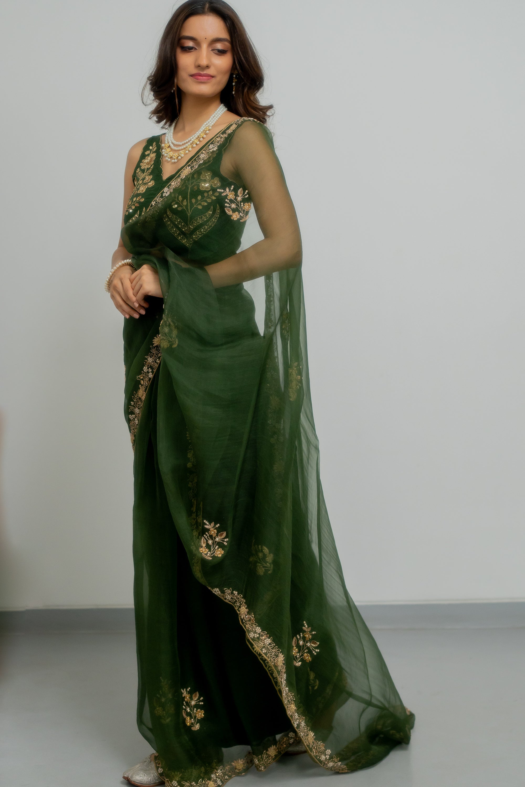 Heeran Silk Organza Saree Set - green saree Australia
