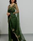 Heeran Silk Organza Saree Set - green saree Australia