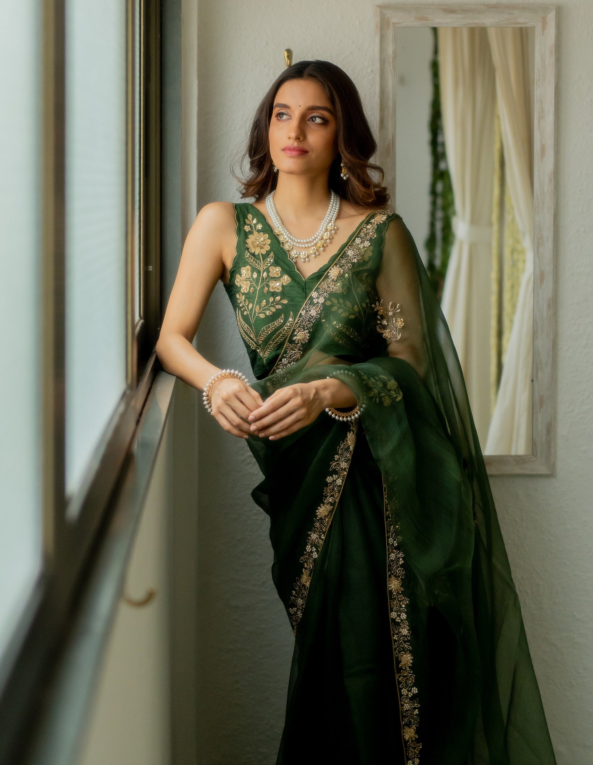 Heeran Silk Organza Saree Set - green saree Australia