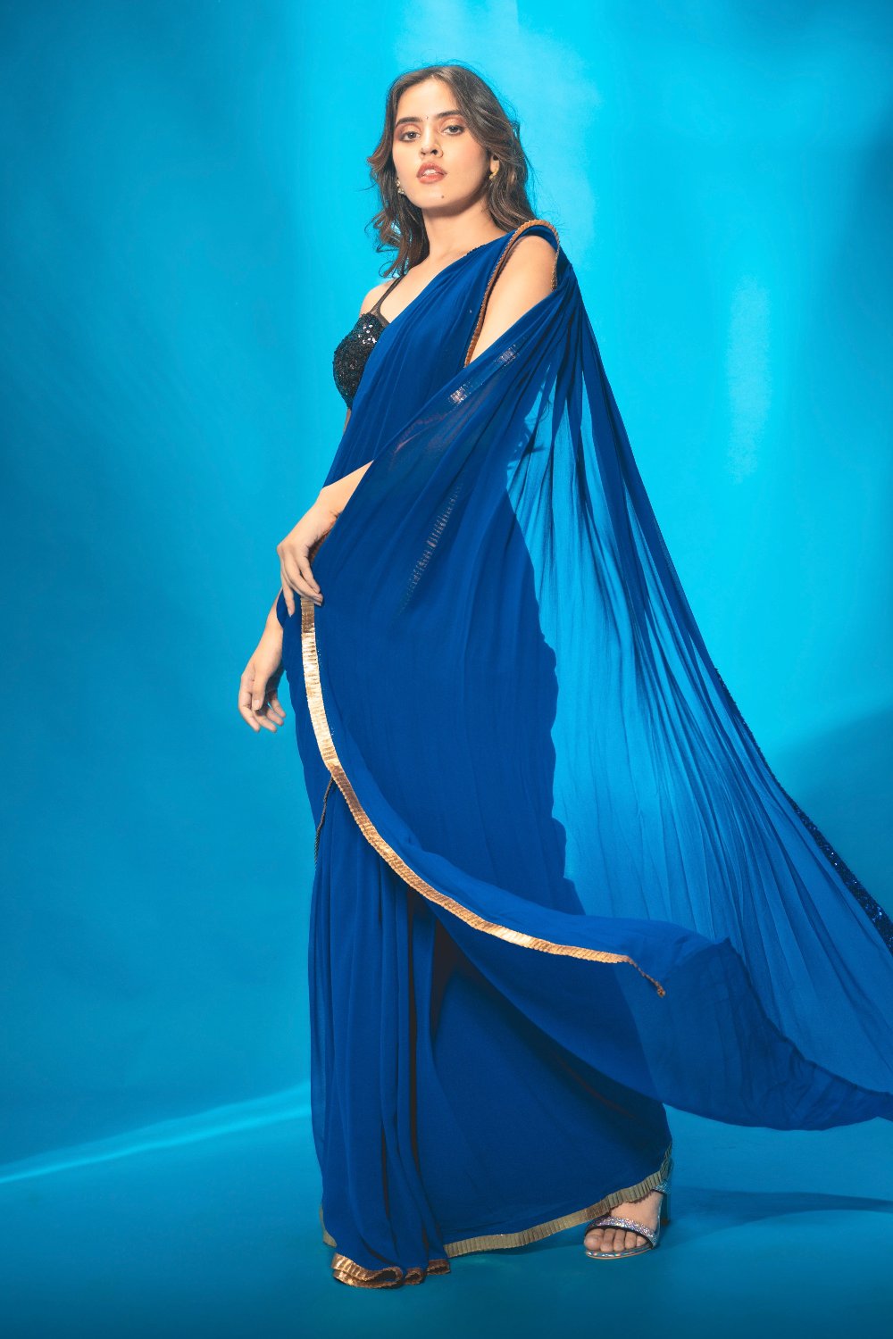 Blue Pre Stitched Saree with Black Sequin Blouse
