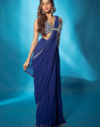 Blue Pre Stitched Saree with Mirror Work Blouse