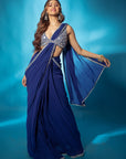 Blue Pre Stitched Saree with Mirror Work Blouse