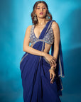 Blue Pre Stitched Saree with Mirror Work Blouse