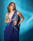Blue Pre Stitched Saree with Mirror Work Blouse