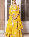 Mustard Applique Floral Lehenga Set - yellow lehenga USA