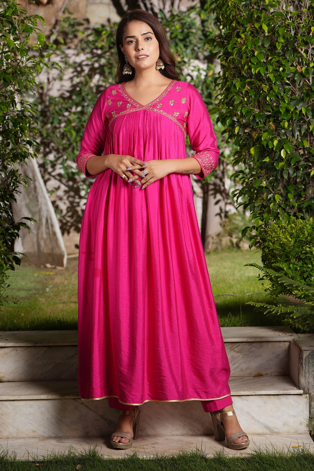 Beetroot Hi-Lo V Neck Embroidered Kurta Set - indian attire for ladies Australia