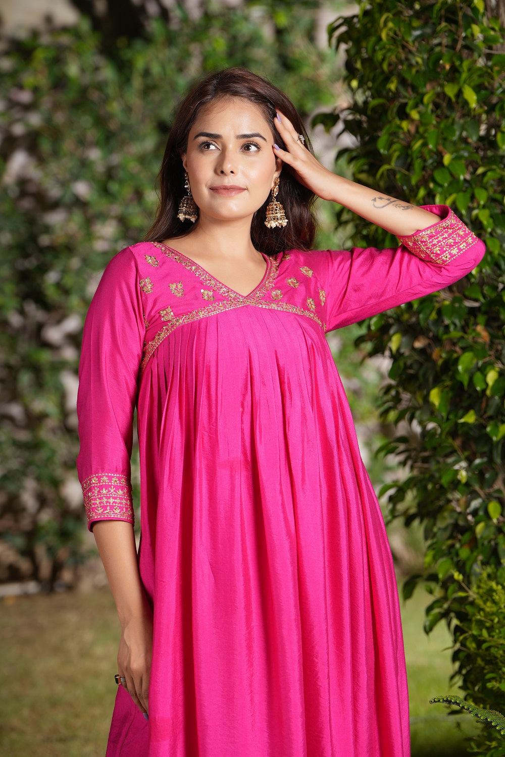 Beetroot Hi-Lo V Neck Embroidered Kurta Set - indian attire for ladies Australia