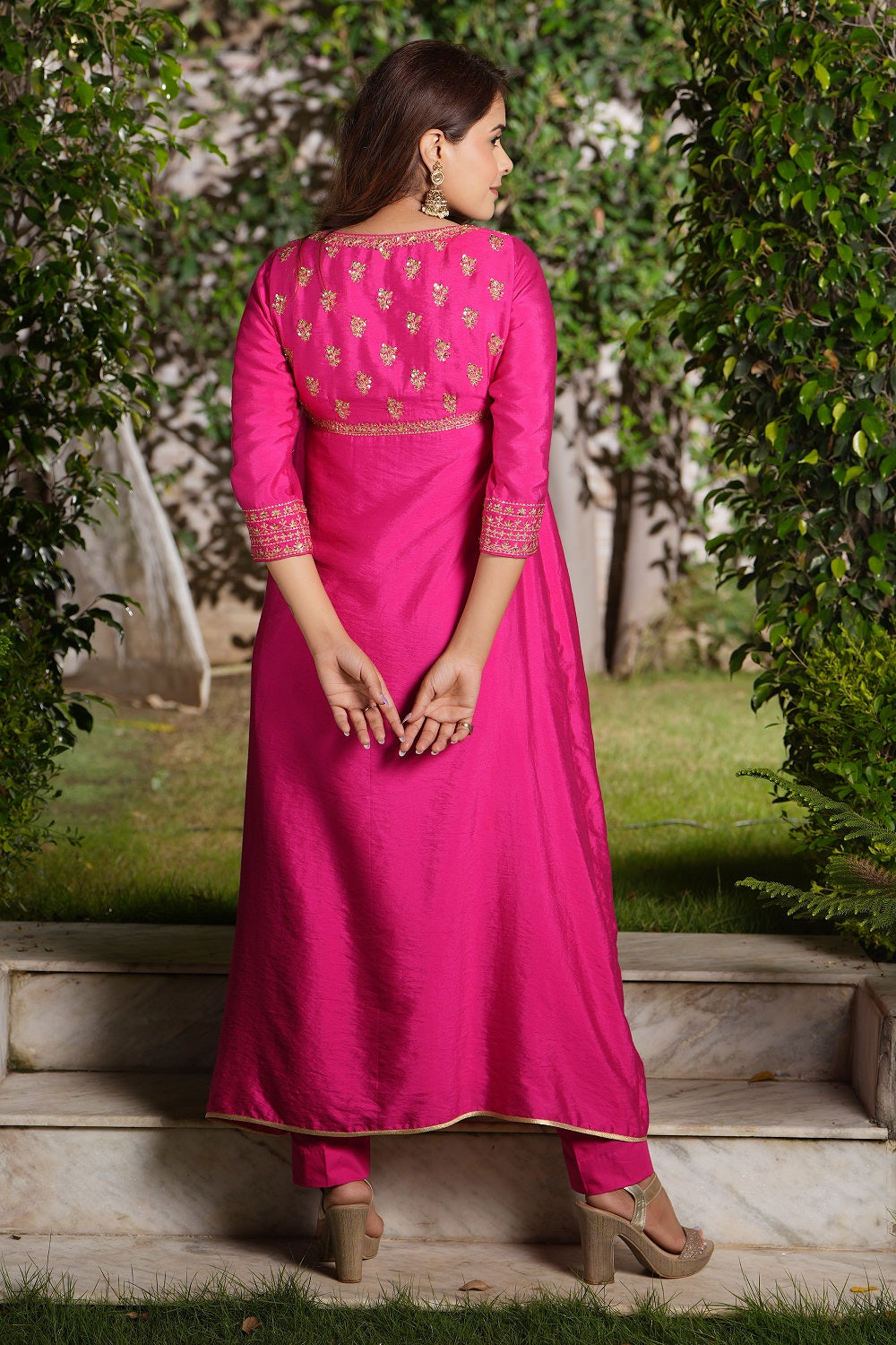 Beetroot Hi-Lo V Neck Embroidered Kurta Set - indian attire for ladies Australia