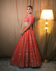 Orange Red Raw Silk Lehenga Set - bridal lehenga orange