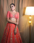 Orange Red Raw Silk Lehenga Set - bridal lehenga orange