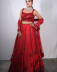 Red Net Embroidered Lehenga Set - lehenga red