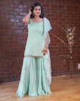 Mint Green Thread and Mirror Work Kurta and Sharara Set - mirror work dress Australia