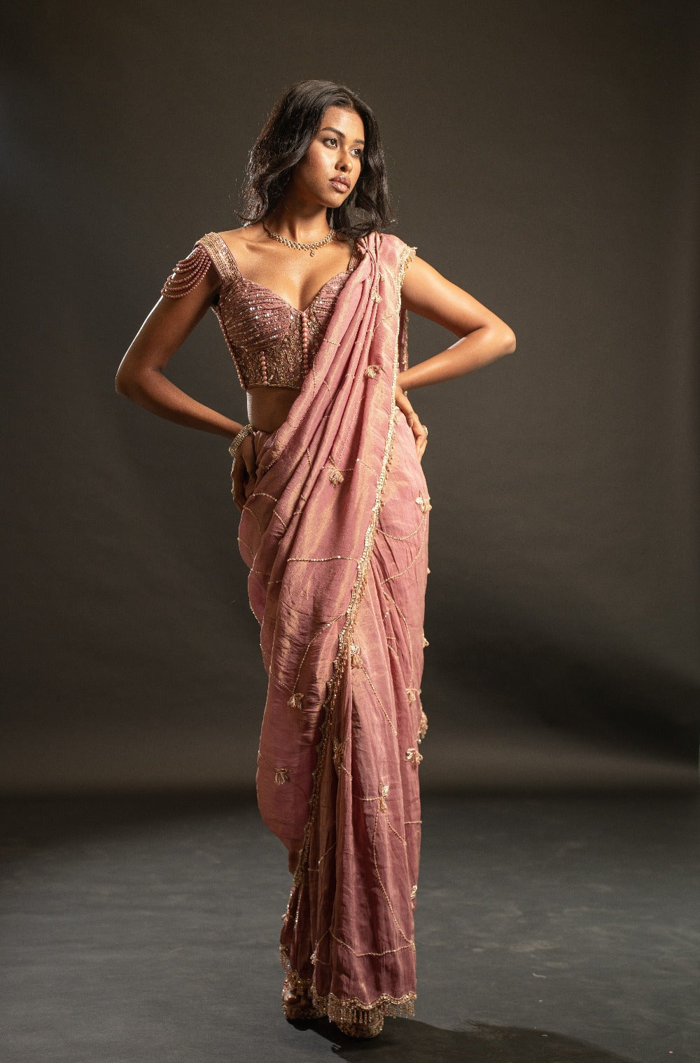 Dusty Rose Saree with Blouse and Petticoat - saris indian dress
