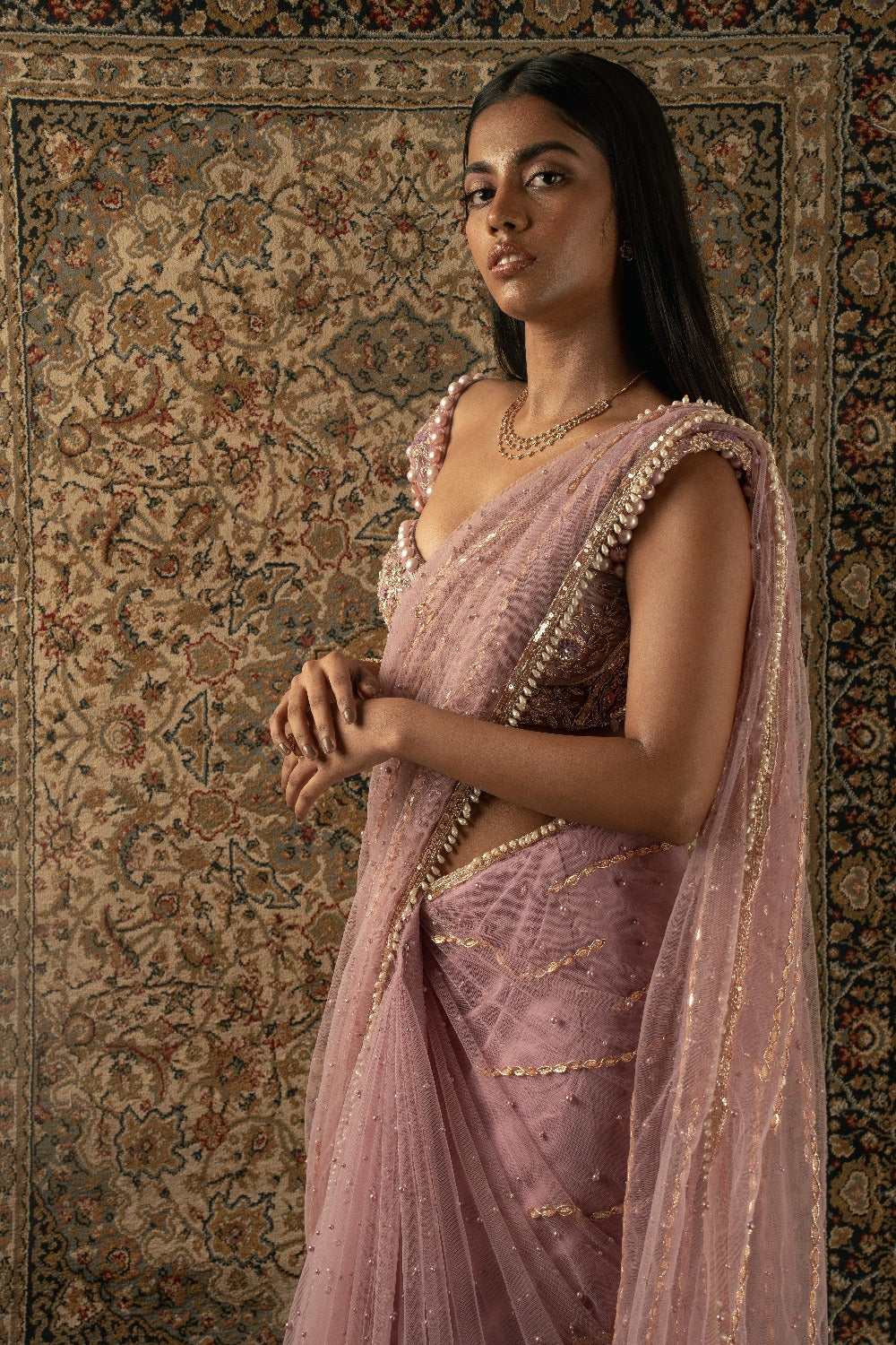 Dusty Rose Saree with Blouse and Petticoat - saris indian dress