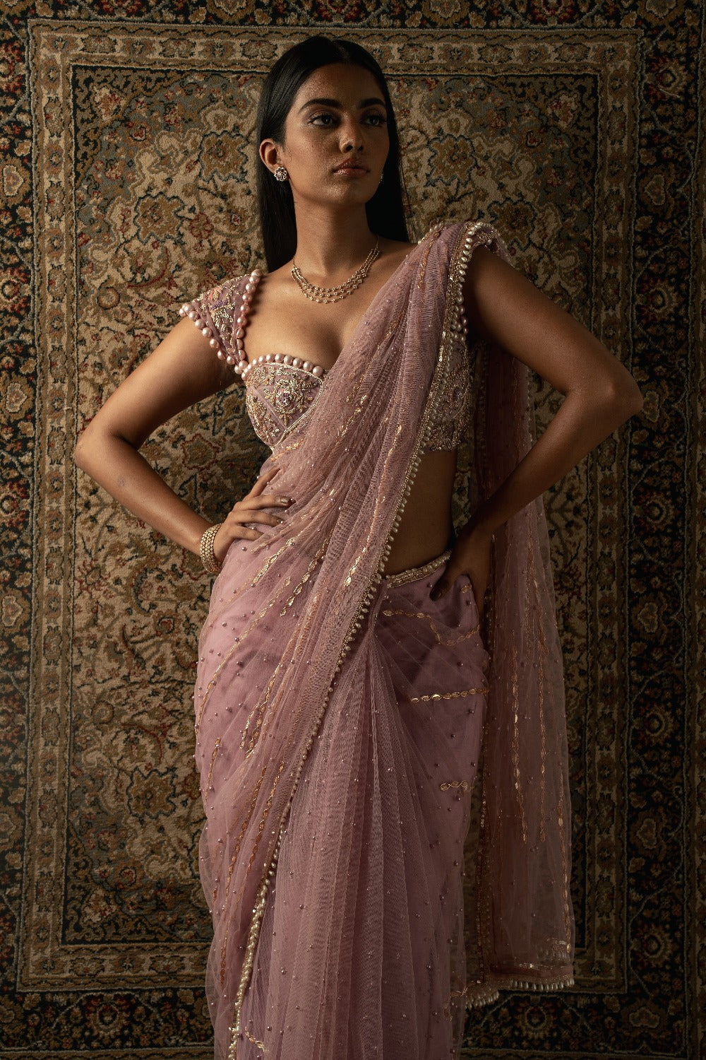 Dusty Rose Saree with Blouse and Petticoat - saris indian dress