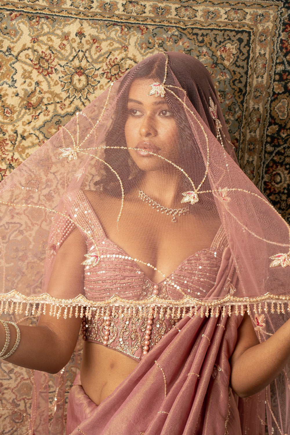 Dusty Rose Saree with Blouse and Petticoat - saris indian dress