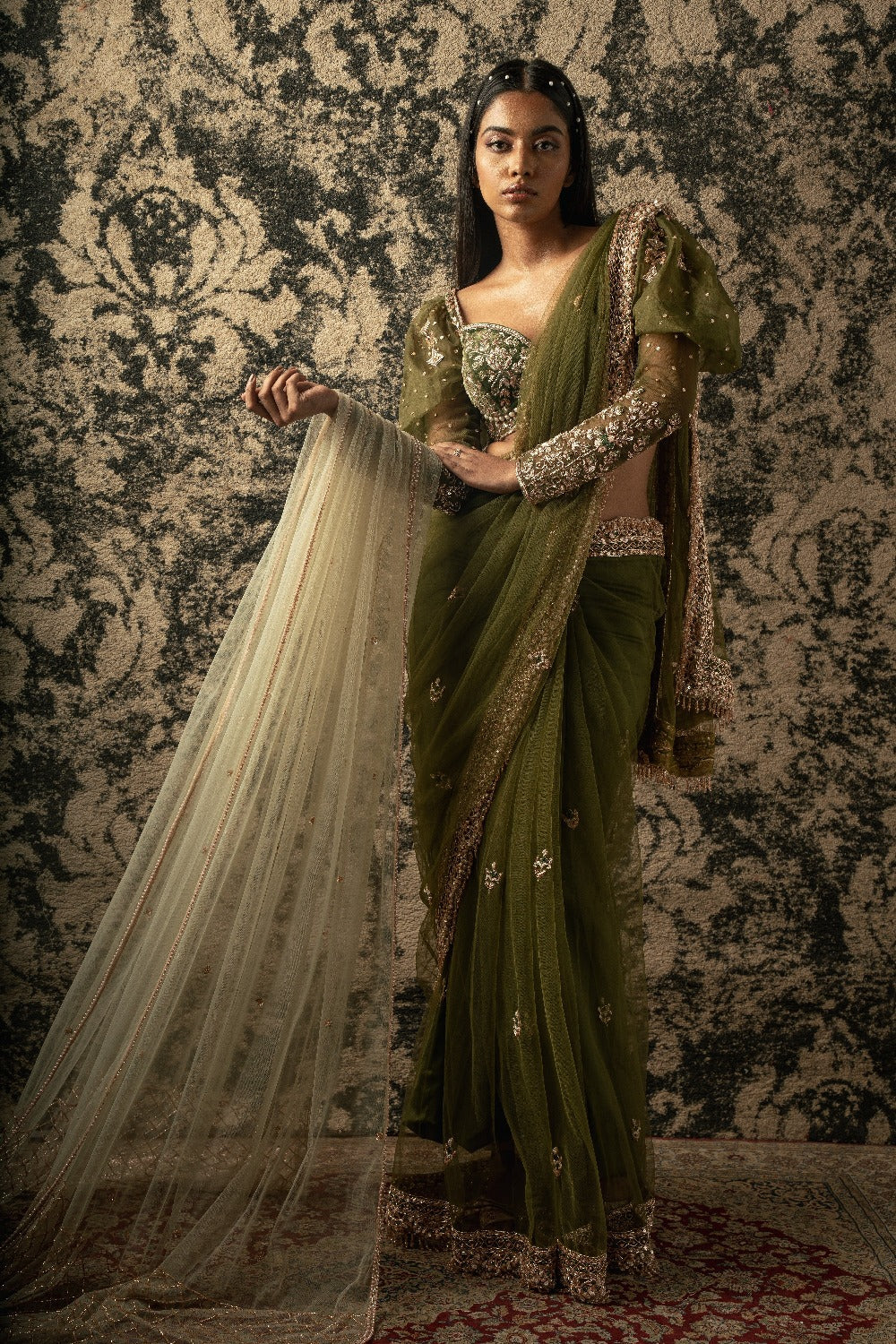 Olive Saree with Blouse and Petticoat - indian outfits saree