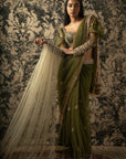 Olive Saree with Blouse and Petticoat - indian outfits saree