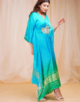 4D Dyeing of Coral Blue and Bright Green Model Satin Silk Kaftan - kaftan Sydney