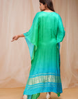 4D Dyeing of Coral Blue and Bright Green Model Satin Silk Kaftan - kaftan Sydney