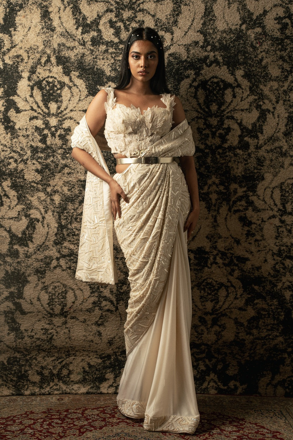 Ivory Silk Satin Saree Set - indian wear for women