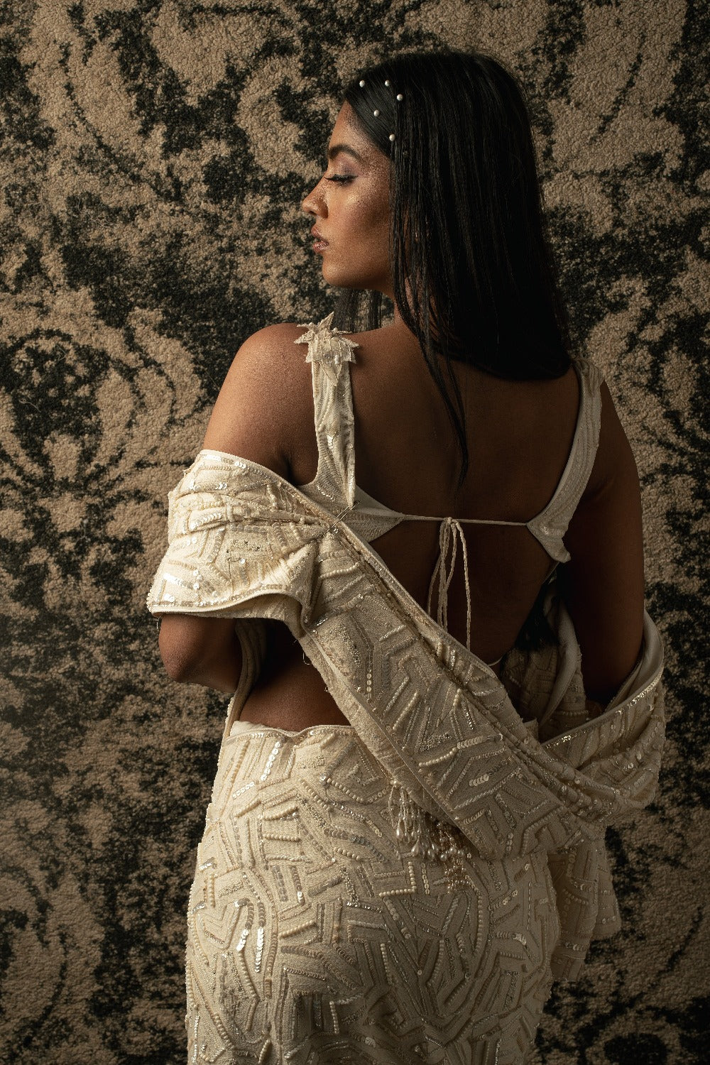 Ivory Silk Satin Saree Set - indian wear for women