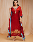 Red Rust Hand Embroidered modal satin silk kaftaan - red dress USA