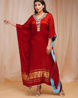 Red Rust Hand Embroidered modal satin silk kaftaan - red dress USA