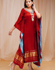 Red Rust Hand Embroidered modal satin silk kaftaan - red dress USA