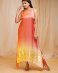 4D Dyeing of Pale Yellow & Reddish Orange Model Satin Silk Kaftan - orange dress USA