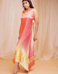 4D Dyeing of Pale Yellow & Reddish Orange Model Satin Silk Kaftan - orange dress USA