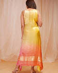 4D Dyeing of Pale Yellow & Reddish Orange Model Satin Silk Kaftan - orange dress USA