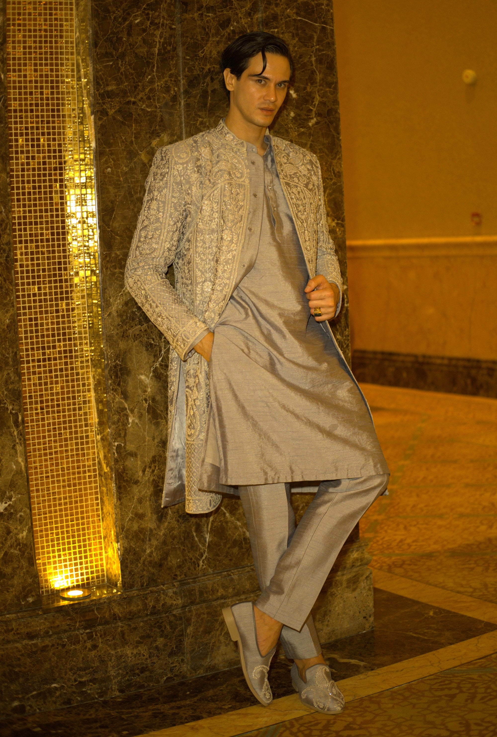 Platinum Prince Sherwani Set - Lilac-Grey Sherwani