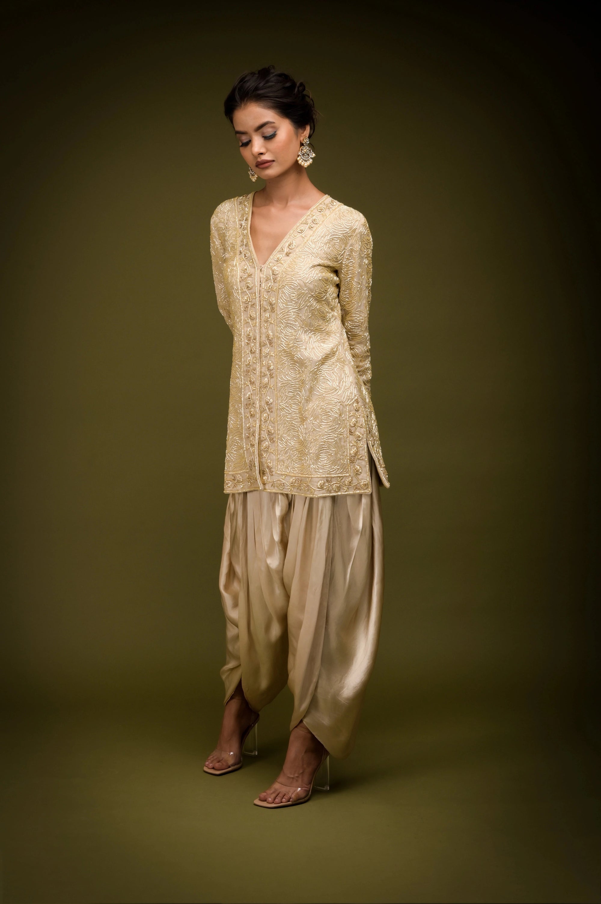 Ivory Beige Embroidered Jacket Kurta Set - ivory kurta set USA