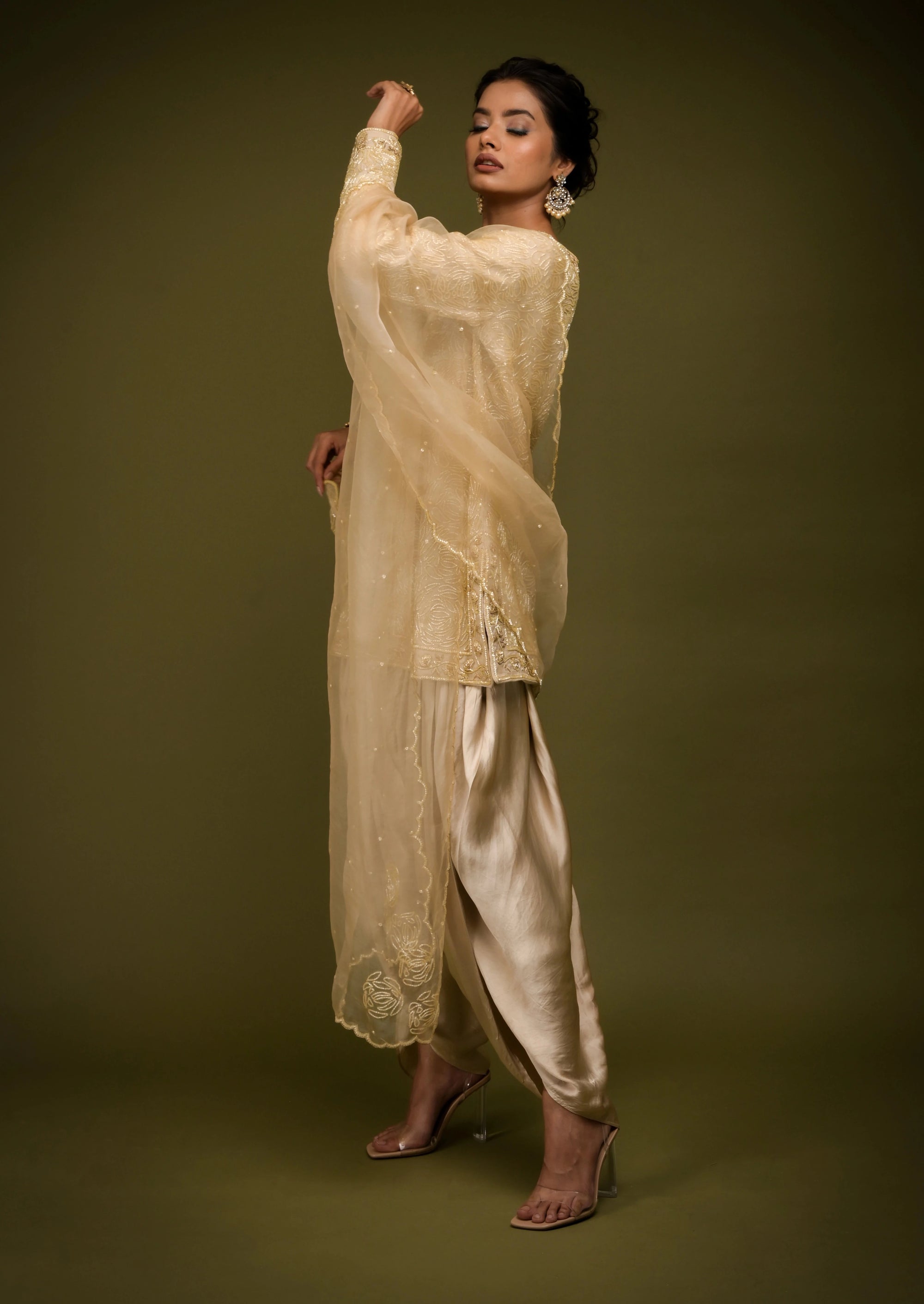 Ivory Beige Embroidered Jacket Kurta Set - ivory kurta set USA