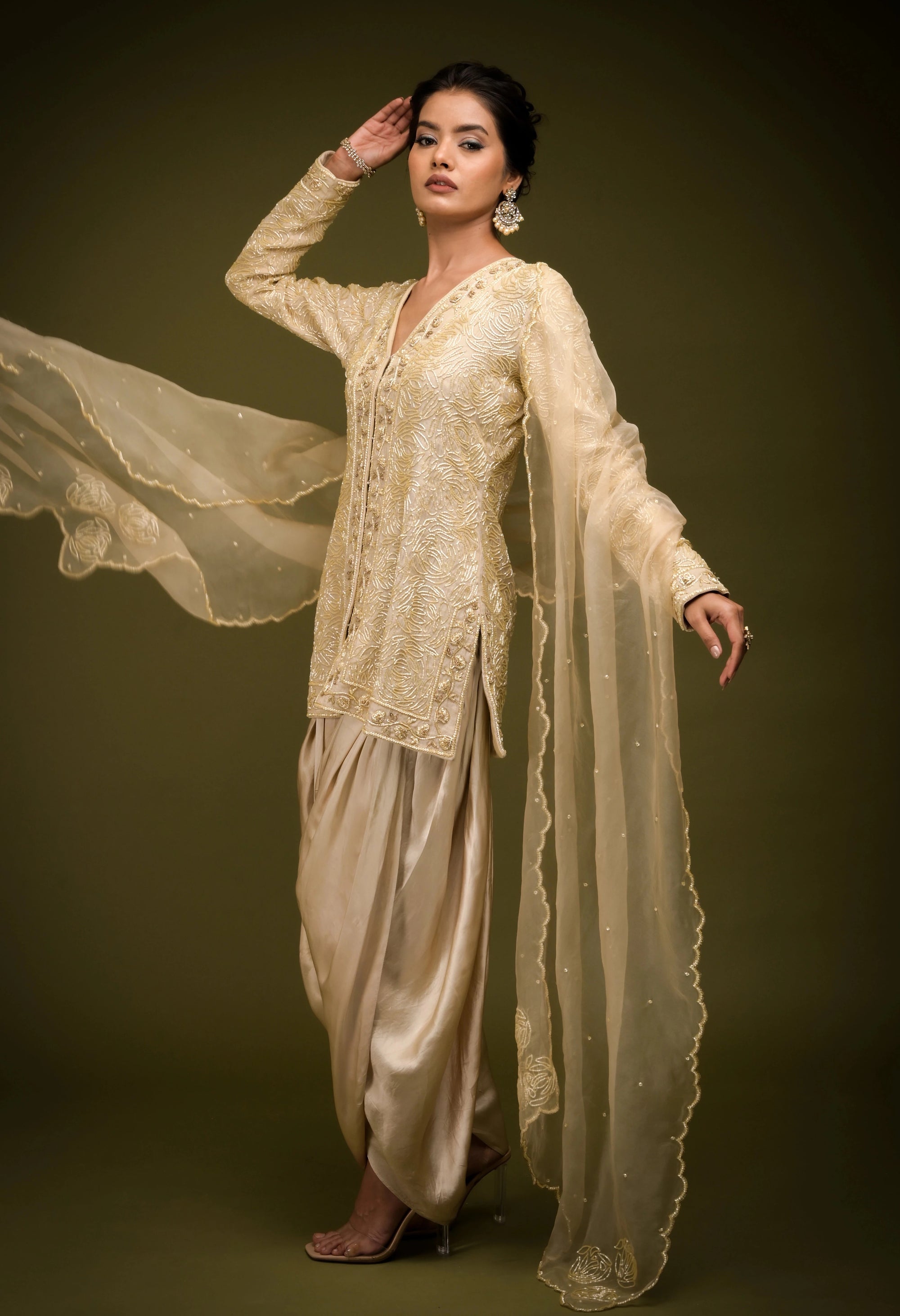 Ivory Beige Embroidered Jacket Kurta Set - ivory kurta set USA