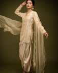 Ivory Beige Embroidered Jacket Kurta Set - ivory kurta set USA