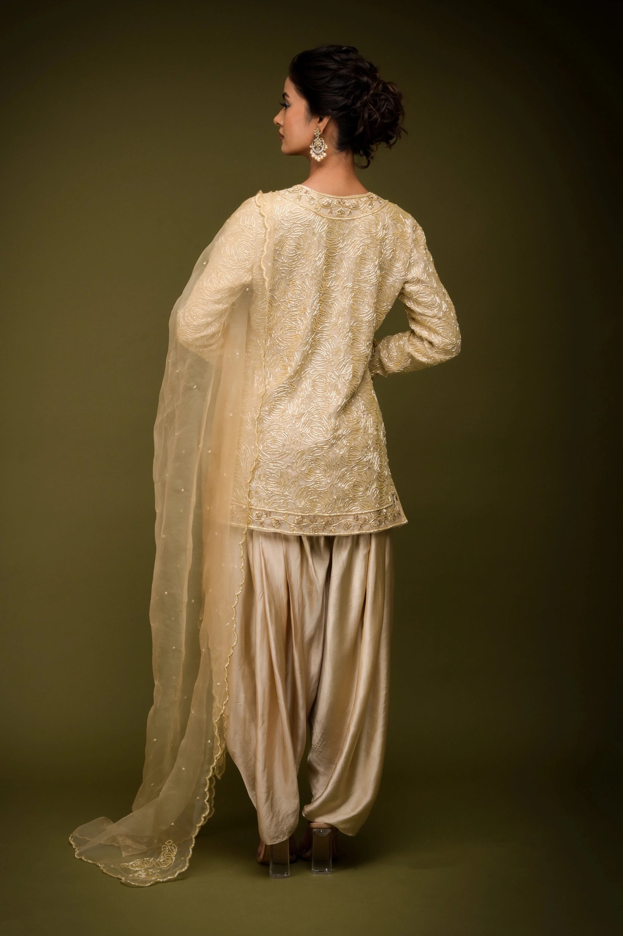 Ivory Beige Embroidered Jacket Kurta Set - ivory kurta set USA