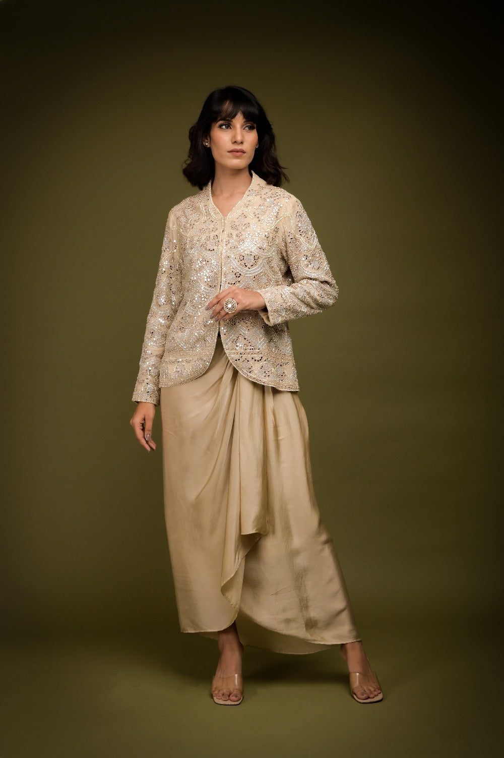 Ivory Beige Jacket Drape Skirt Set - indian fashion