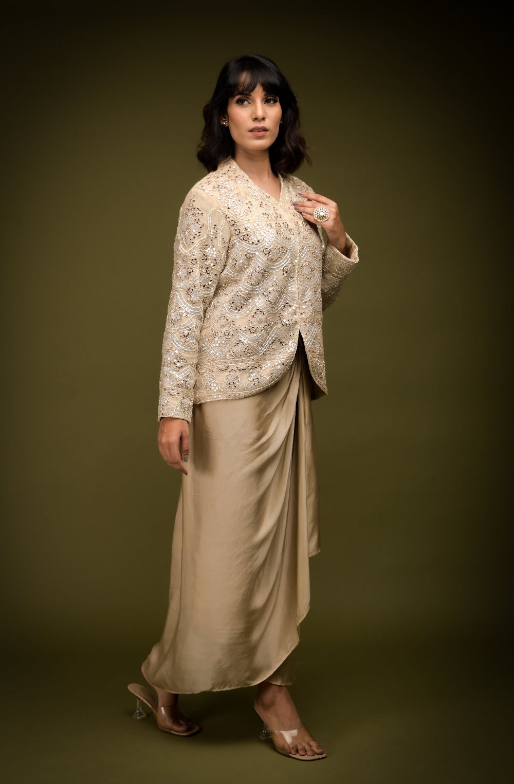 Ivory Beige Jacket Drape Skirt Set - indian fashion