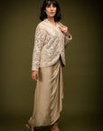 Ivory Beige Jacket Drape Skirt Set - indian fashion