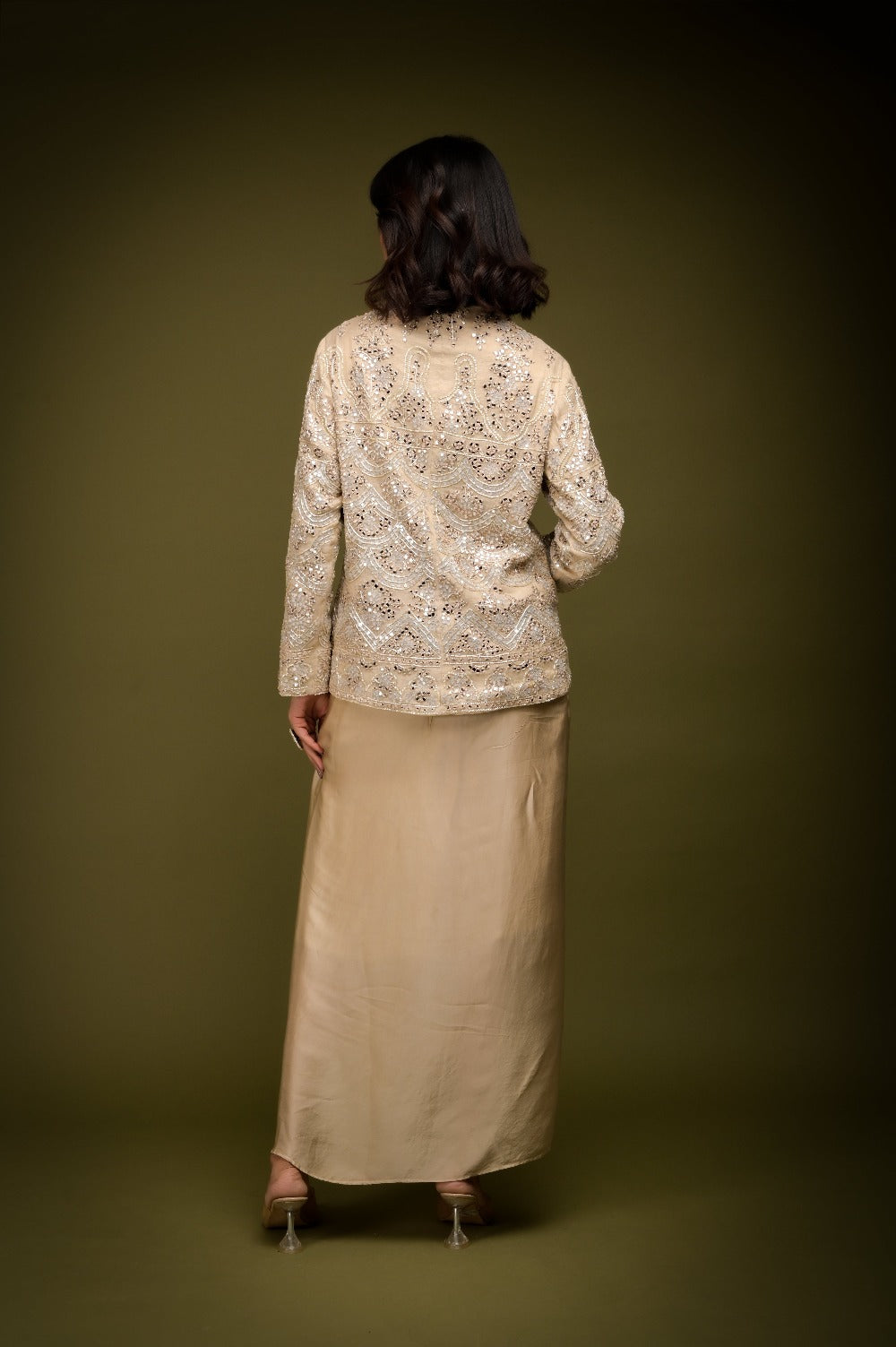 Ivory Beige Jacket Drape Skirt Set - indian fashion