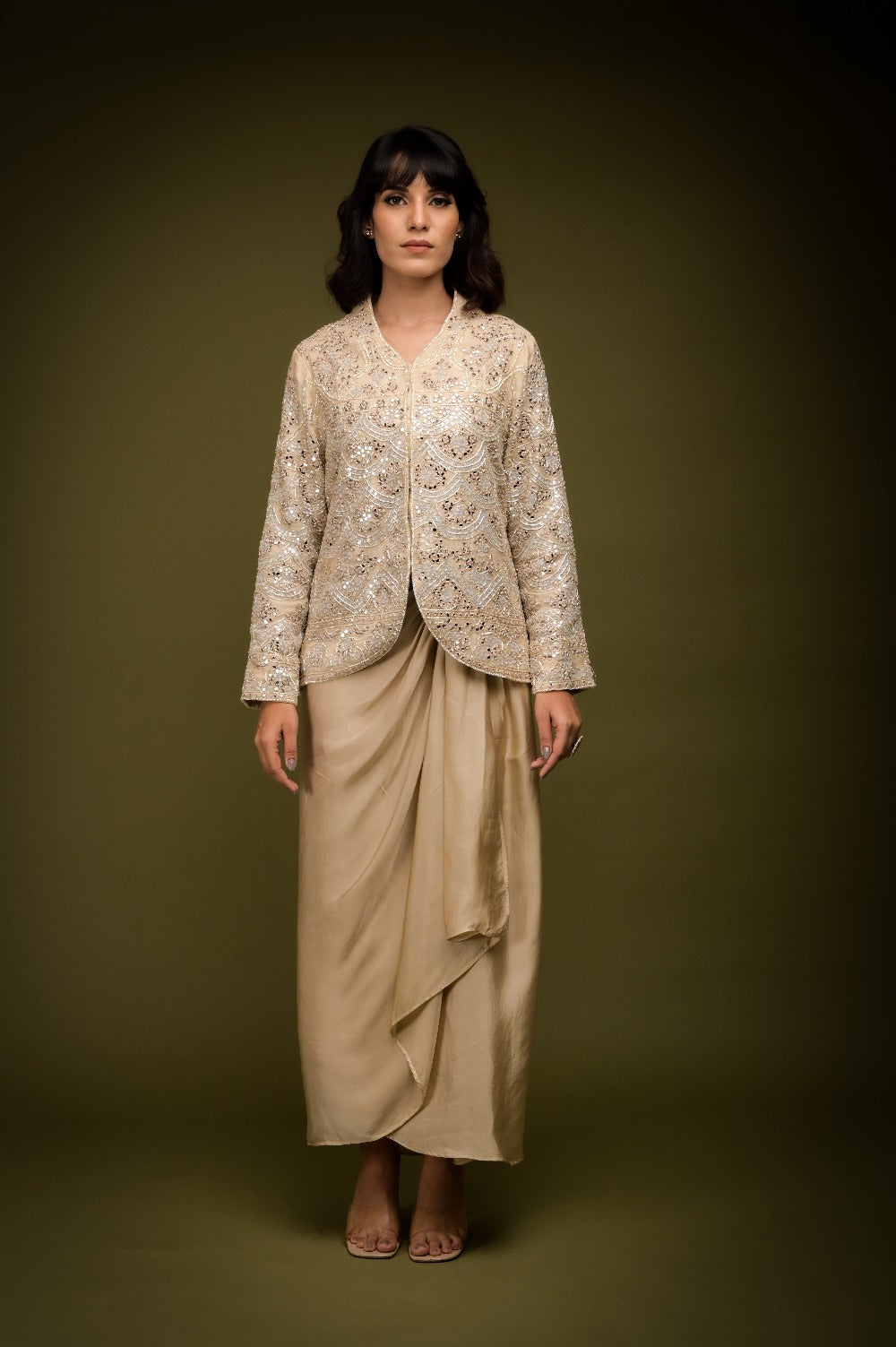 Ivory Beige Jacket Drape Skirt Set - indian fashion