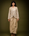 Ivory Beige Jacket Drape Skirt Set - indian fashion
