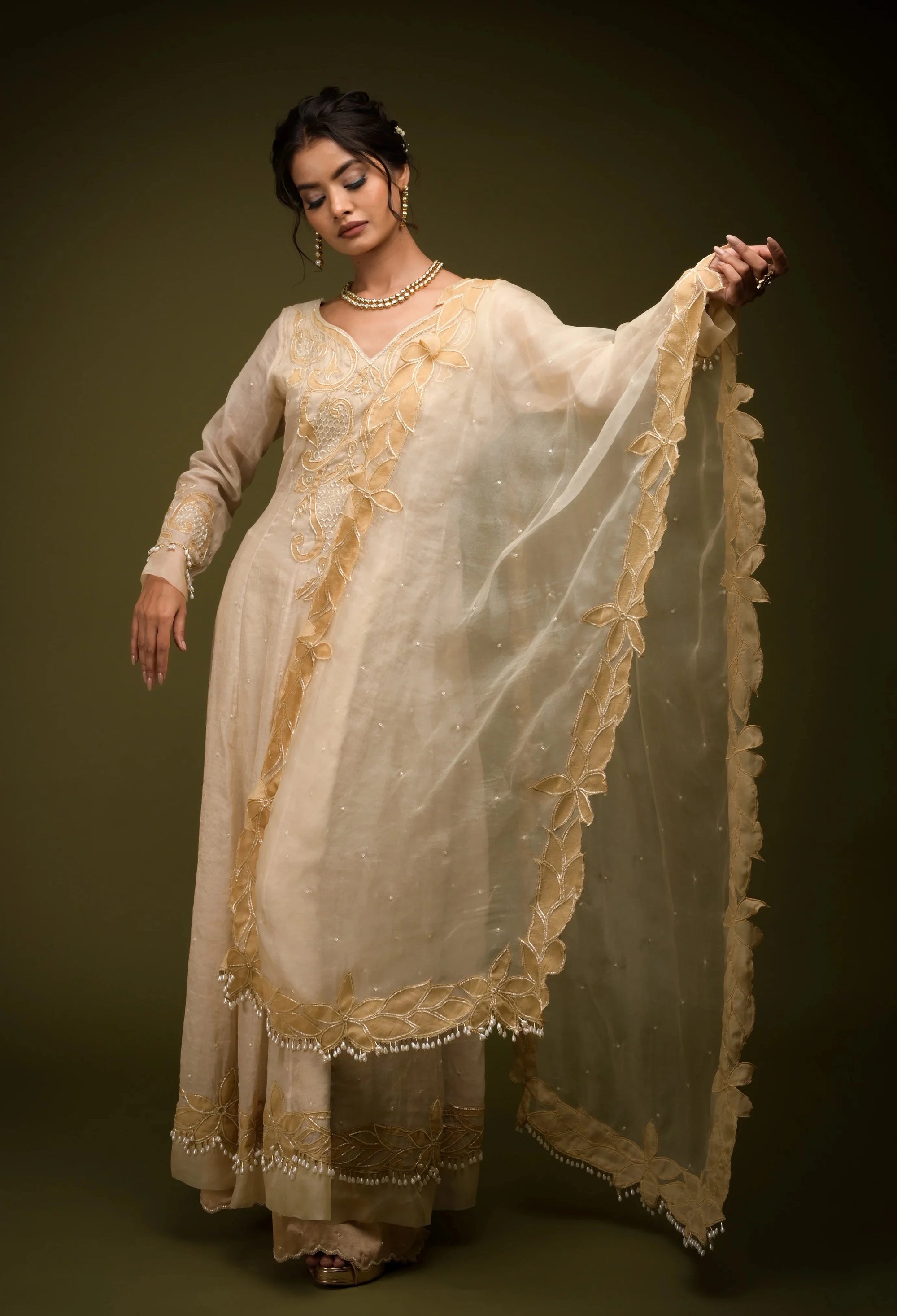 Ivory Beige Anarkali Set - anarkali set USA