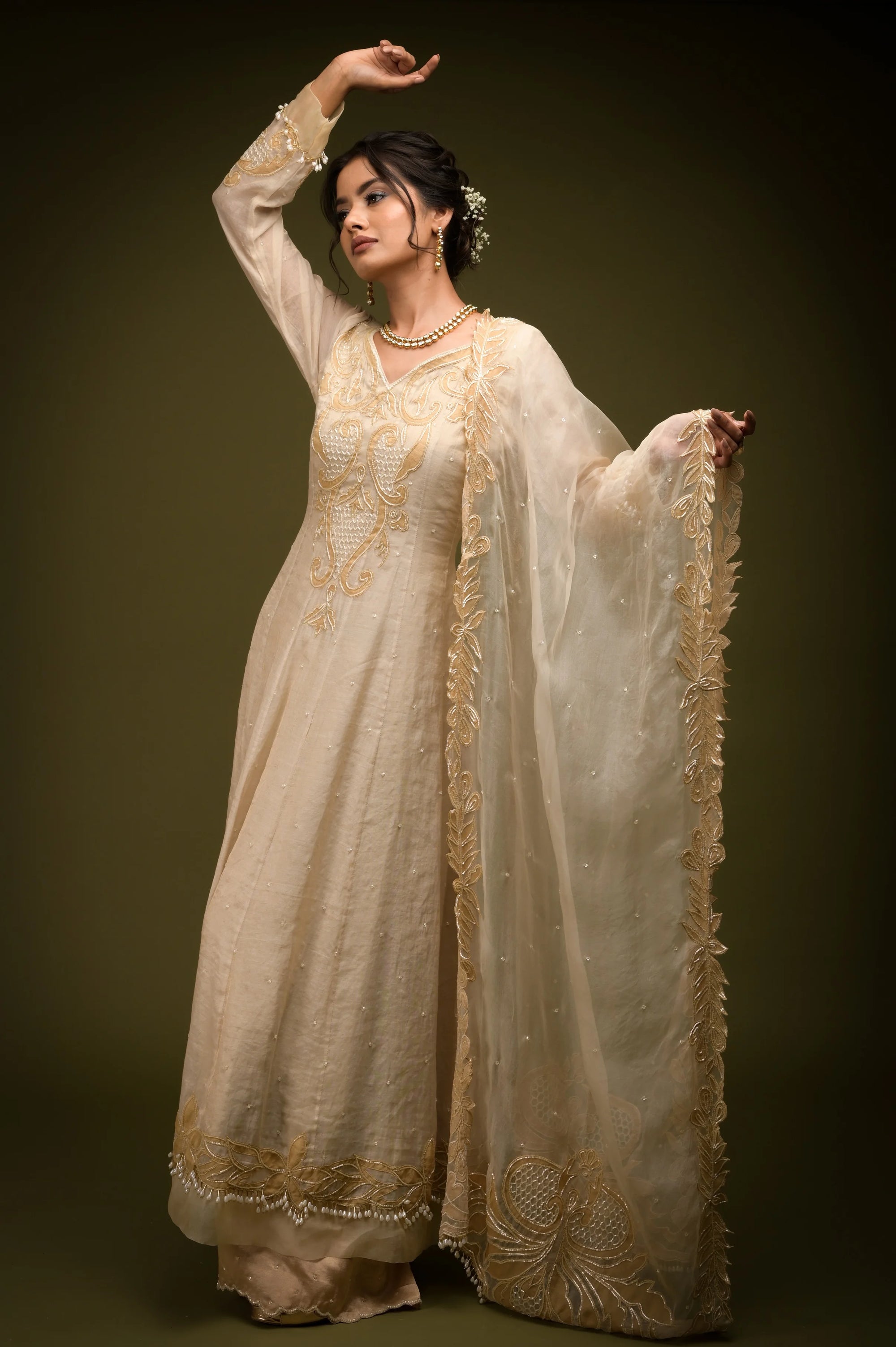 Ivory Beige Anarkali Set - anarkali set USA