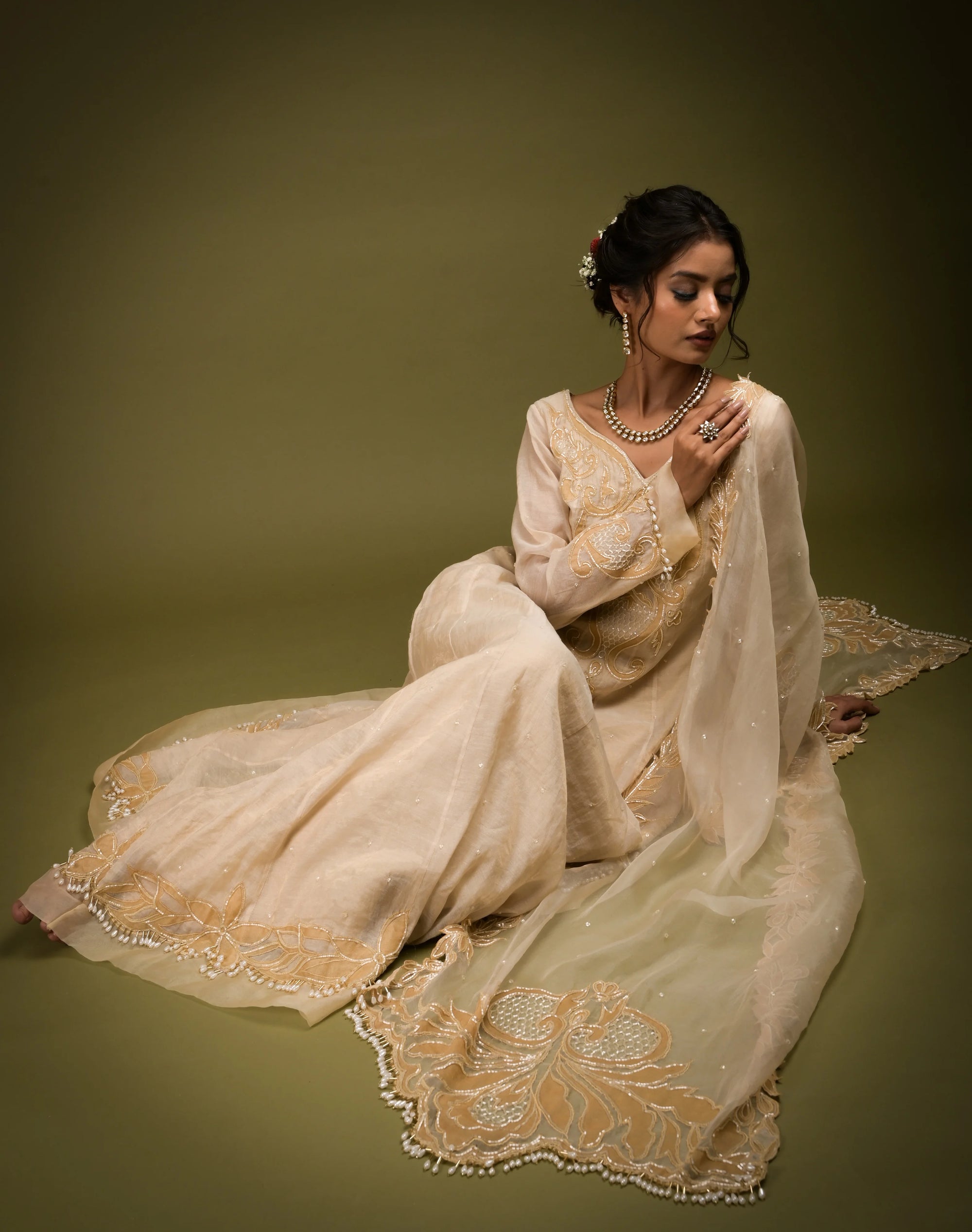 Ivory Beige Anarkali Set - anarkali set USA