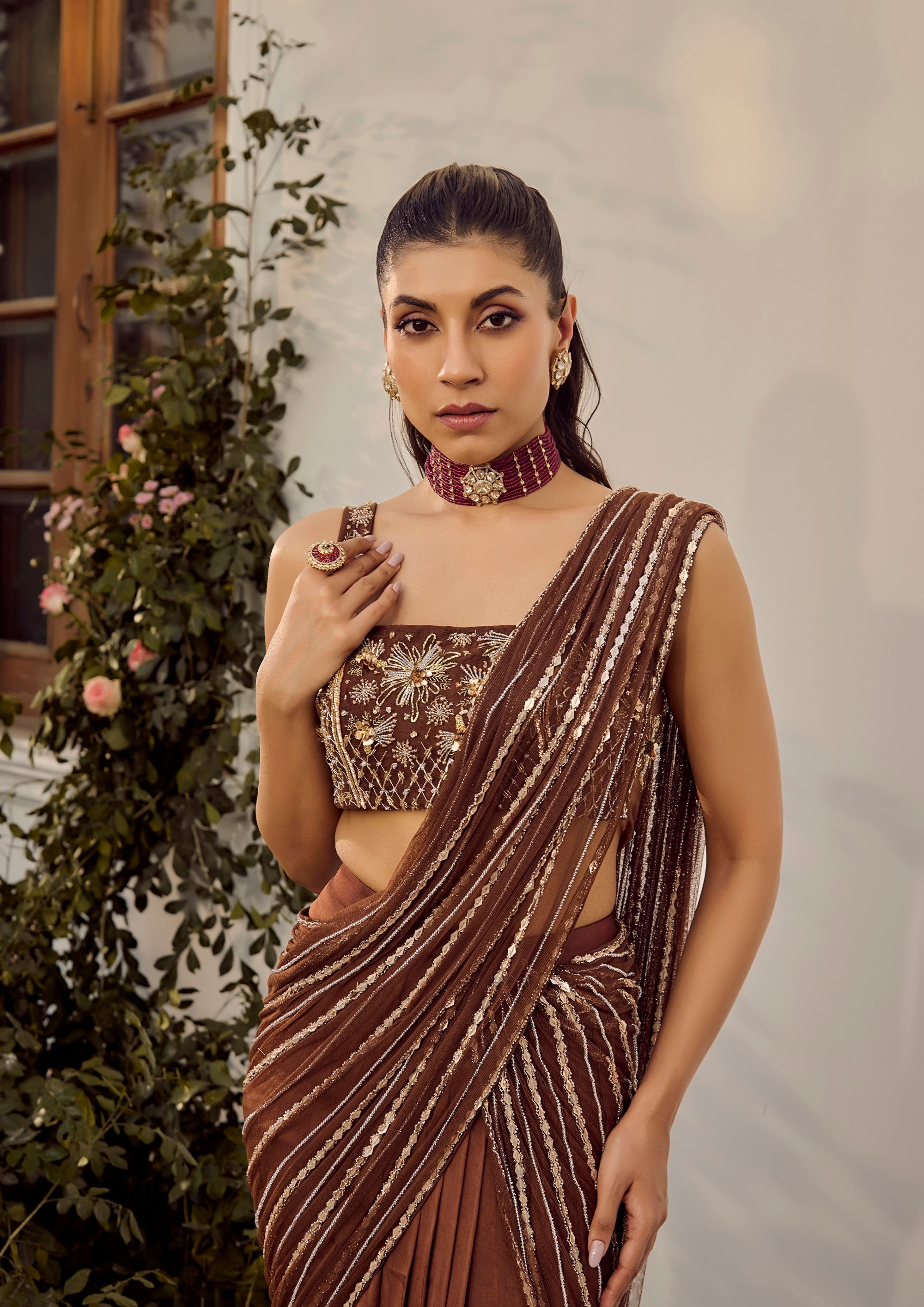 Dusk Saree Set - A traditional brown saree with intricate patterns